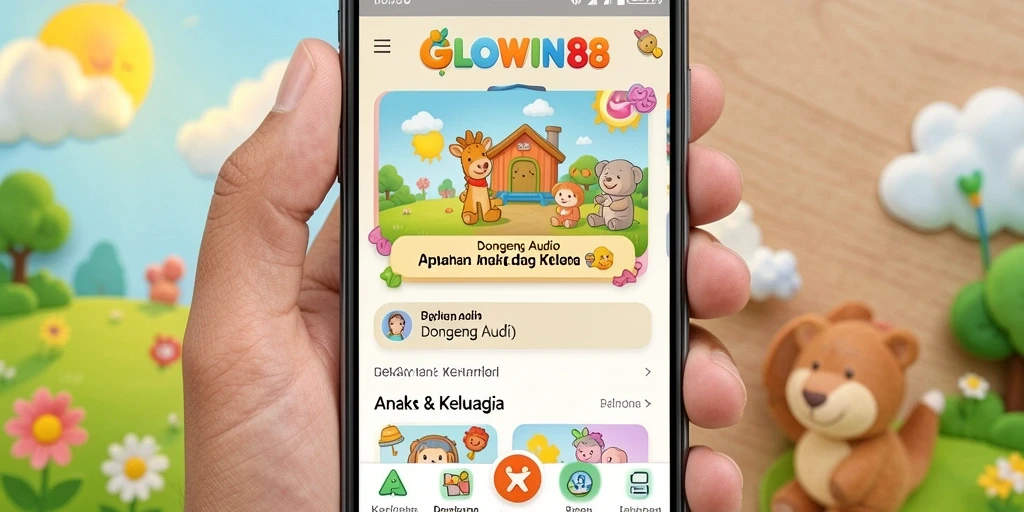 Screenshot antarmuka GLOWIN88 menampilkan berbagai pilihan dongeng audio.