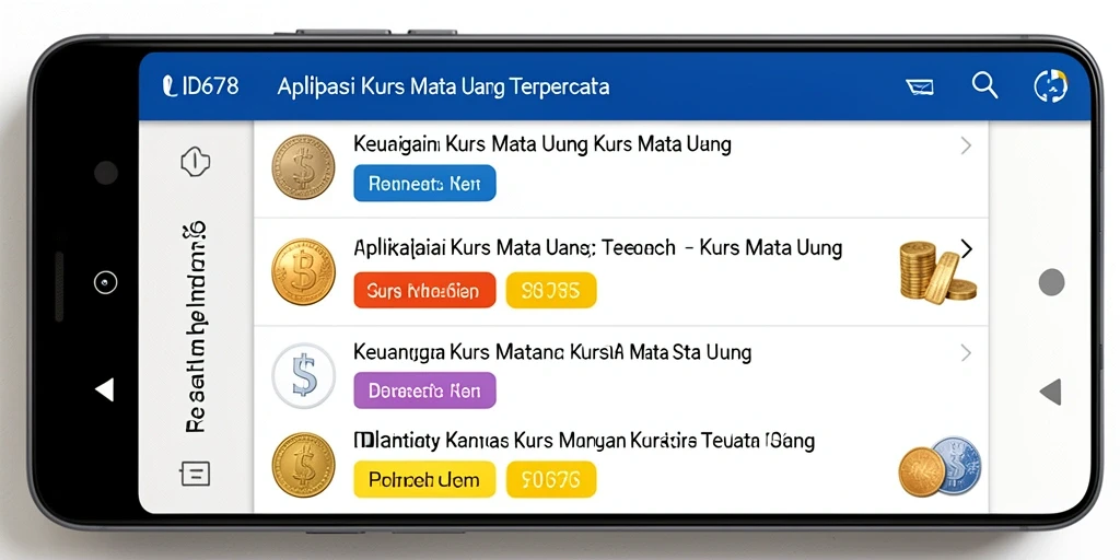 Screenshot aplikasi ID678 menunjukkan antarmuka Kurs Mata Uang yang informatif dan menarik.