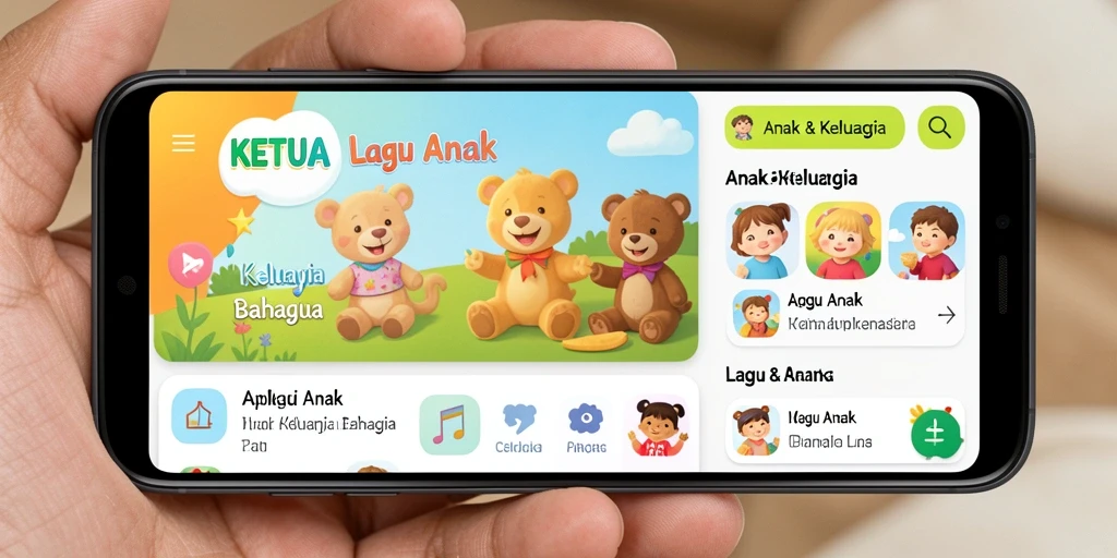 Tampilan antarmuka aplikasi KETUA dengan fitur lagu anak yang menarik.