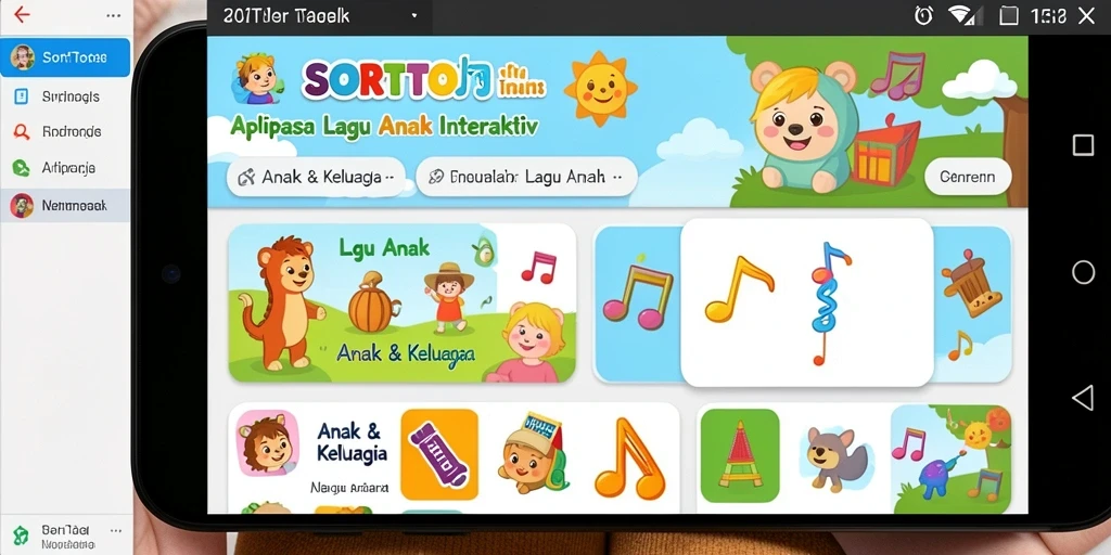 Antarmuka aplikasi SORTOTO dengan lagu-lagu yang ceria untuk anak-anak.