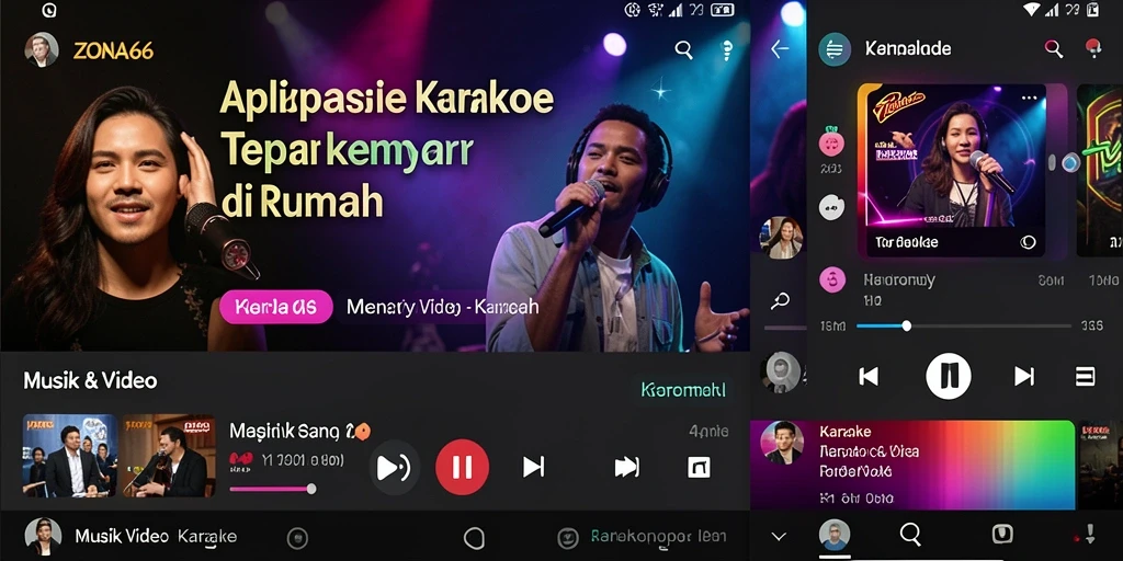 Antarmuka aplikasi ZONA66 dengan fungsi Karaoke yang interaktif.